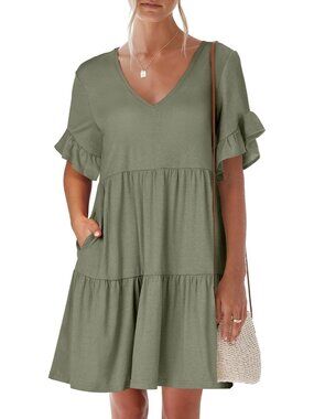 Anrabess Women's Army Green Neck Ruffle Sleeve A Line Tiered Mini Flowy Dress